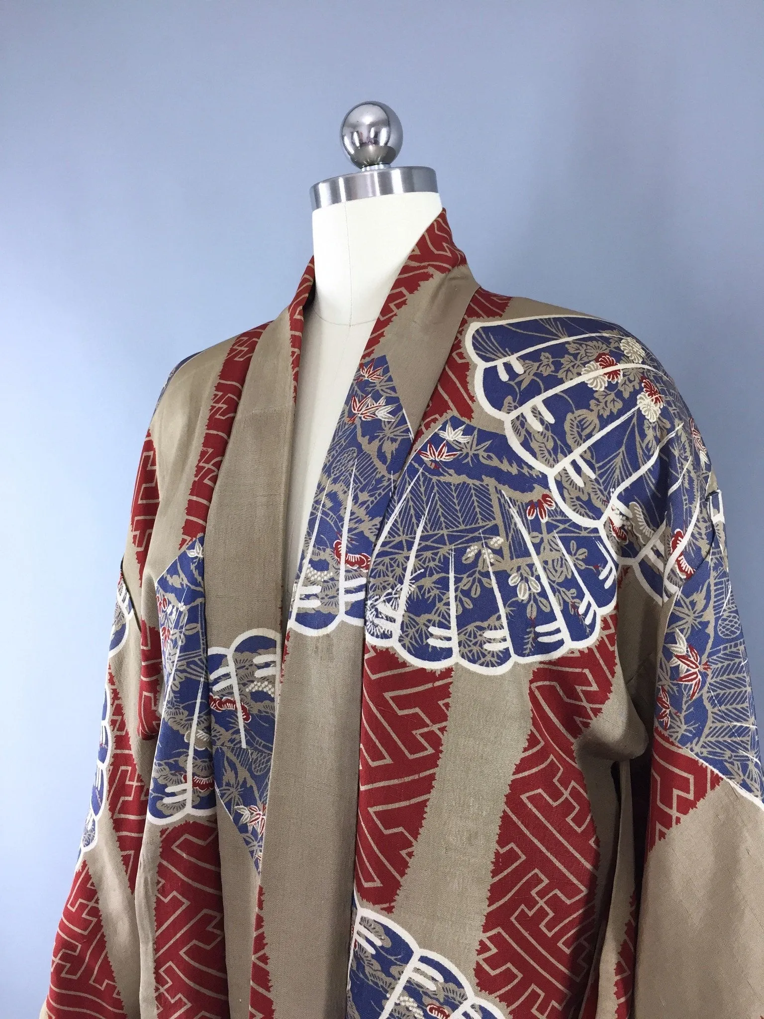 Vintage 1930s Silk Haori Kimono Cardigan / Brown Blue Fan Print