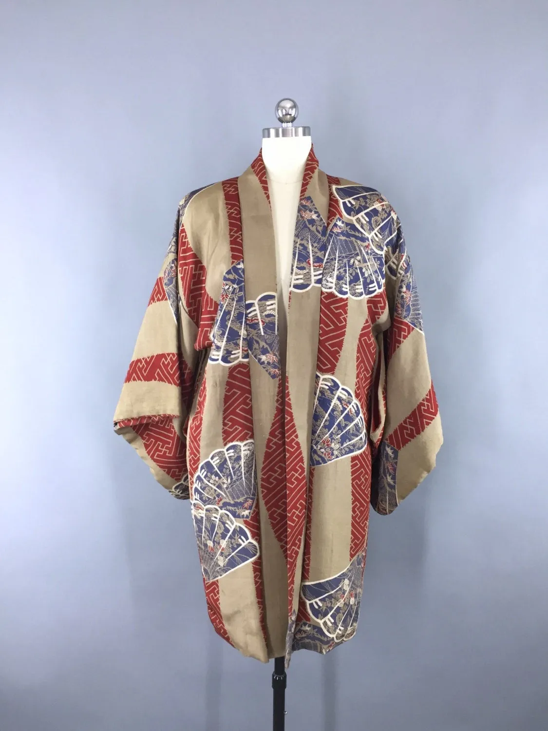 Vintage 1930s Silk Haori Kimono Cardigan / Brown Blue Fan Print