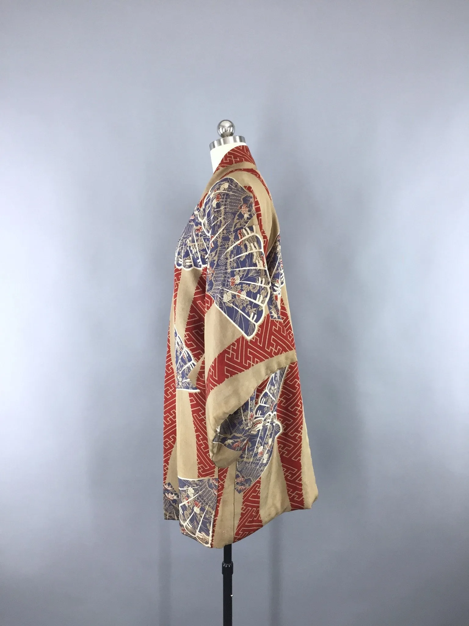 Vintage 1930s Silk Haori Kimono Cardigan / Brown Blue Fan Print