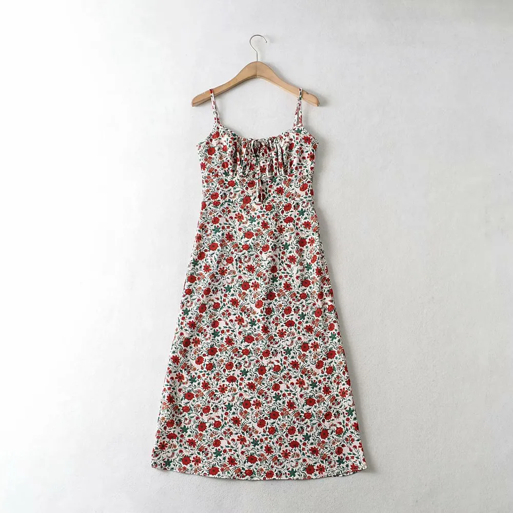 Vintage Floral Slim Fit Lace-Up Dress