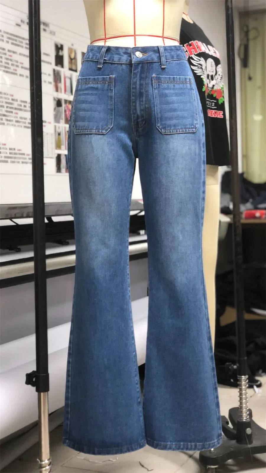 Vintage High Waisted Jeans Women - Loose Fit Flare Pants with Button Pockets, All Season, Medium Wash