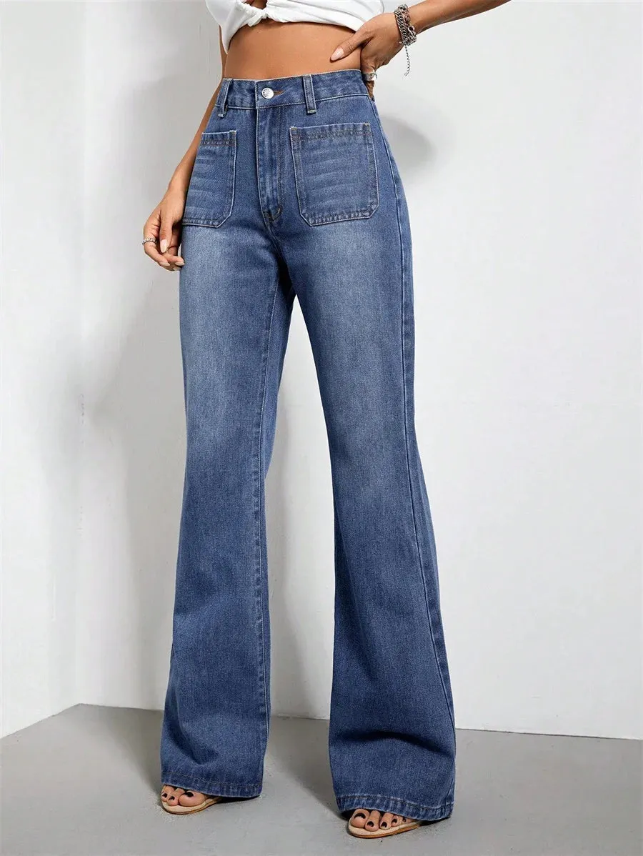 Vintage High Waisted Jeans Women - Loose Fit Flare Pants with Button Pockets, All Season, Medium Wash