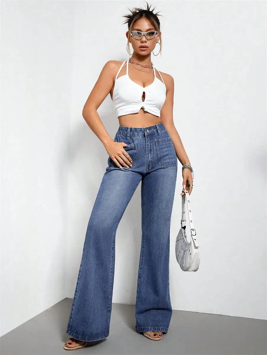 Vintage High Waisted Jeans Women - Loose Fit Flare Pants with Button Pockets, All Season, Medium Wash