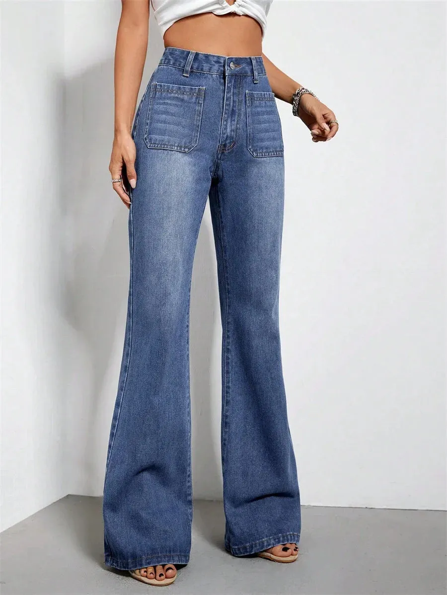 Vintage High Waisted Jeans Women - Loose Fit Flare Pants with Button Pockets, All Season, Medium Wash