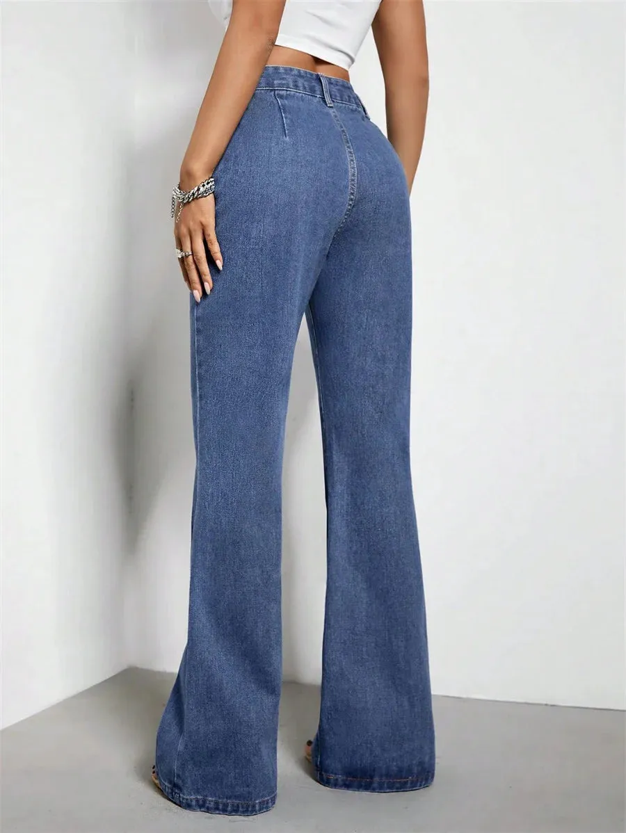 Vintage High Waisted Jeans Women - Loose Fit Flare Pants with Button Pockets, All Season, Medium Wash