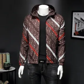 Vintage Print Hooded Casual Men Slim Fit Jacket