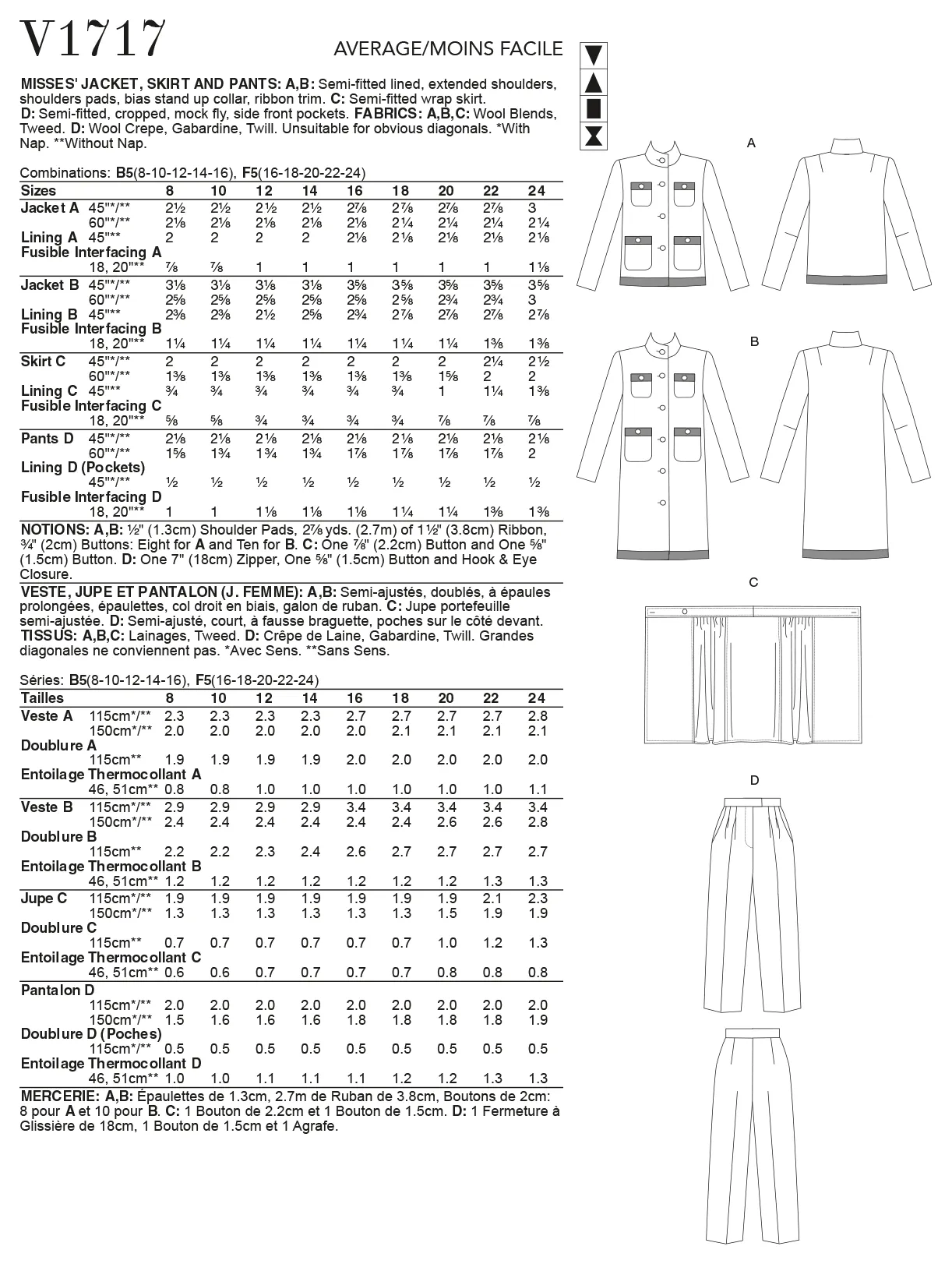 Vogue Pattern V1717 Misses' Jacket, Skirt & Pants