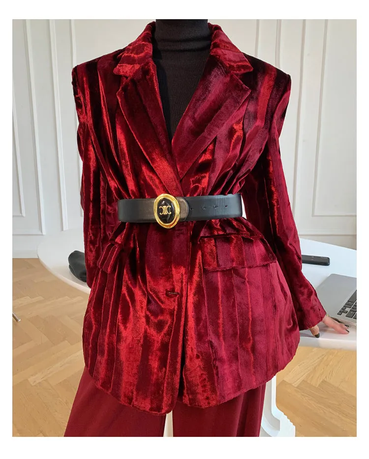 WANXO wine red acetate velvet suit jacket  new high-end silhouette coat- Serena