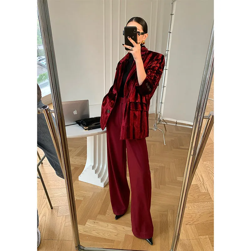 WANXO wine red acetate velvet suit jacket  new high-end silhouette coat- Serena