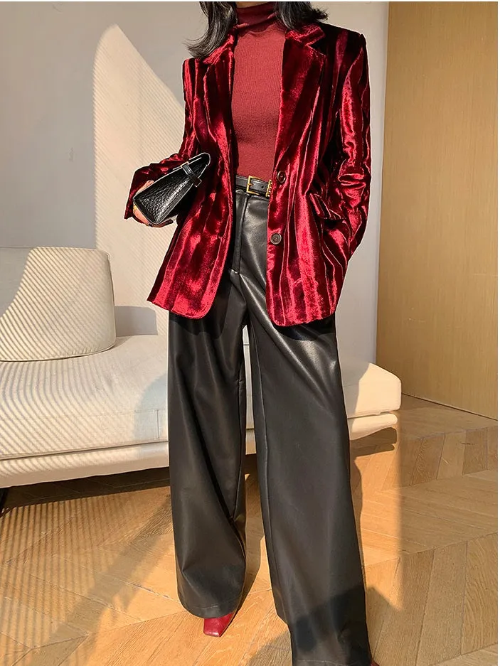 WANXO wine red acetate velvet suit jacket  new high-end silhouette coat- Serena