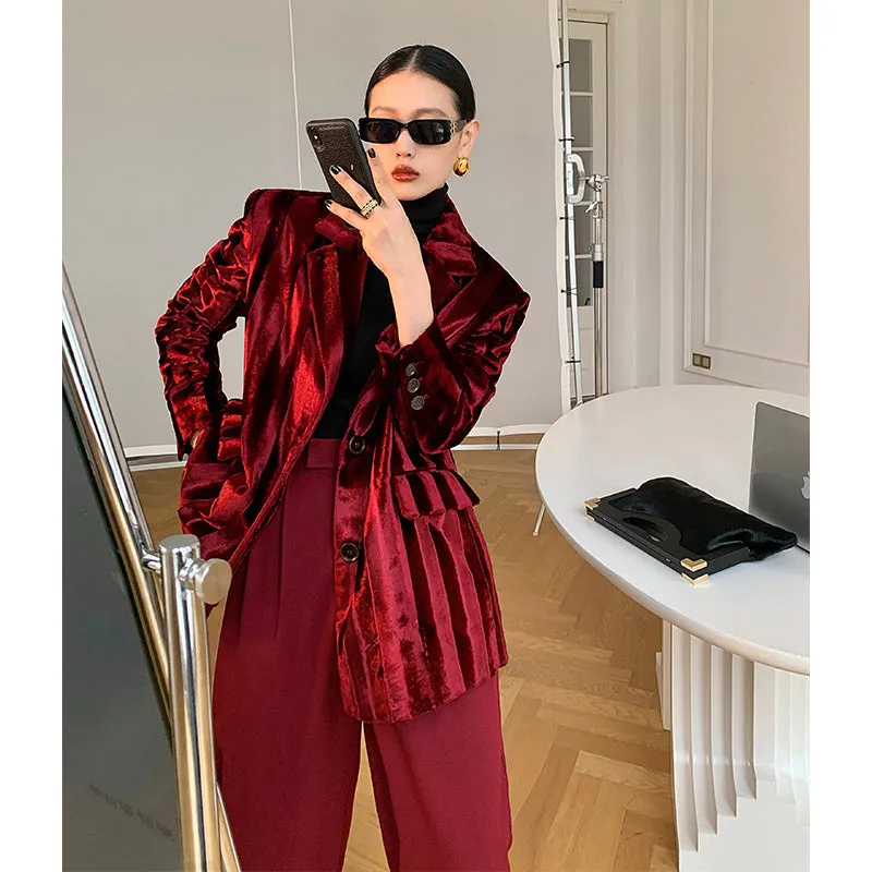 WANXO wine red acetate velvet suit jacket  new high-end silhouette coat- Serena