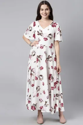 White Crepe Floral Print Maxi Dress