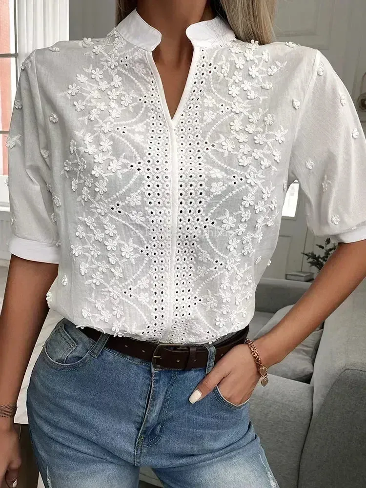 White Hollow Floral Eyelet Summer Casual Daily Tops Blouse