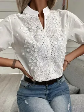 White Hollow Floral Eyelet Summer Casual Daily Tops Blouse