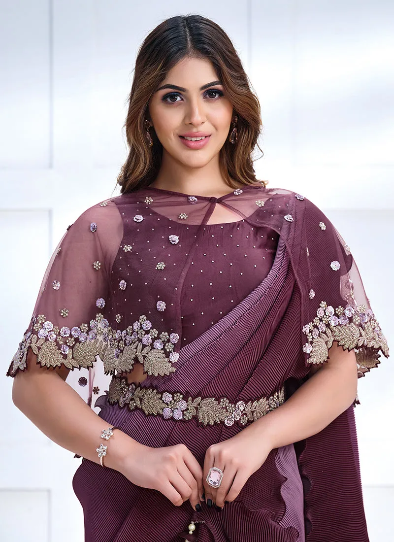 Wine Embroidery Wedding Silk Saree With Cape