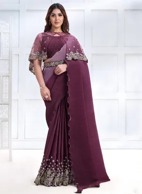 Wine Embroidery Wedding Silk Saree With Cape