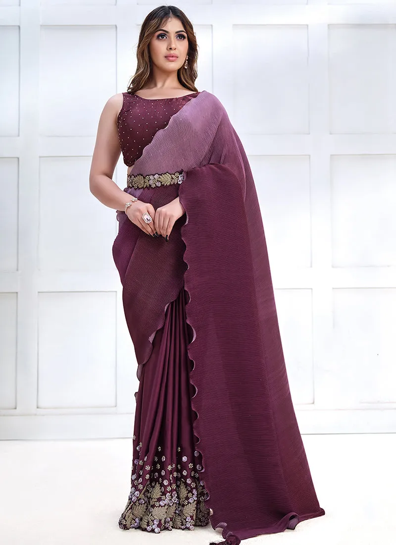 Wine Embroidery Wedding Silk Saree With Cape