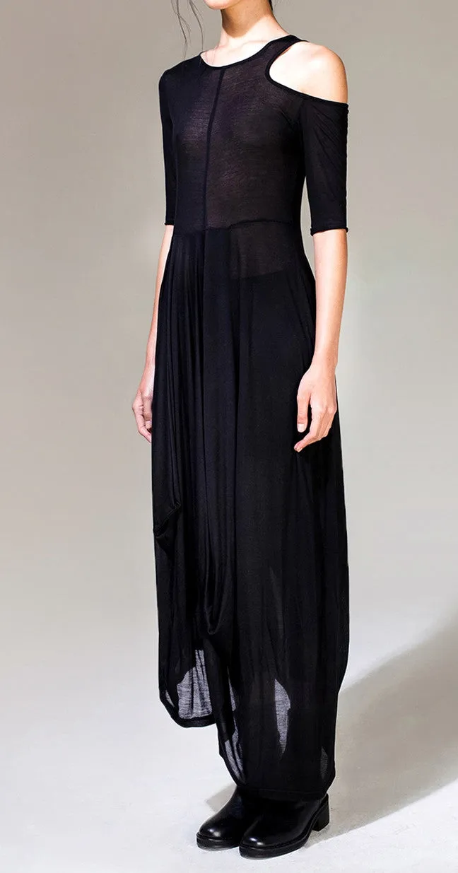 Women Asymmetric Open Shoulder Black Pleats Oversized Draped Skirt Short-Sleeved Maxi Dress Futuristic