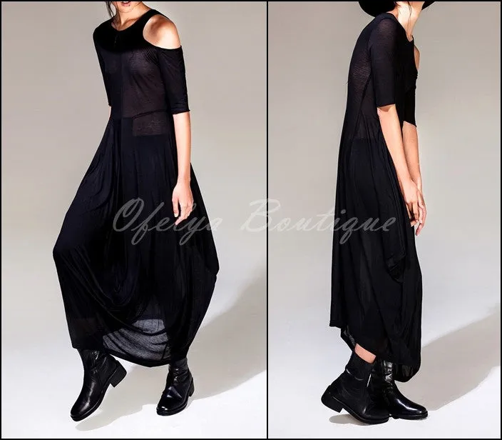 Women Asymmetric Open Shoulder Black Pleats Oversized Draped Skirt Short-Sleeved Maxi Dress Futuristic