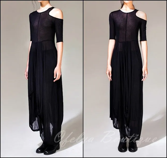 Women Asymmetric Open Shoulder Black Pleats Oversized Draped Skirt Short-Sleeved Maxi Dress Futuristic