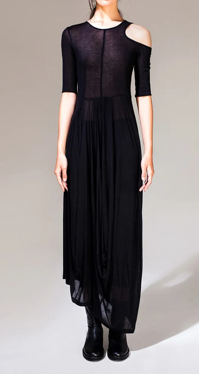 Women Asymmetric Open Shoulder Black Pleats Oversized Draped Skirt Short-Sleeved Maxi Dress Futuristic