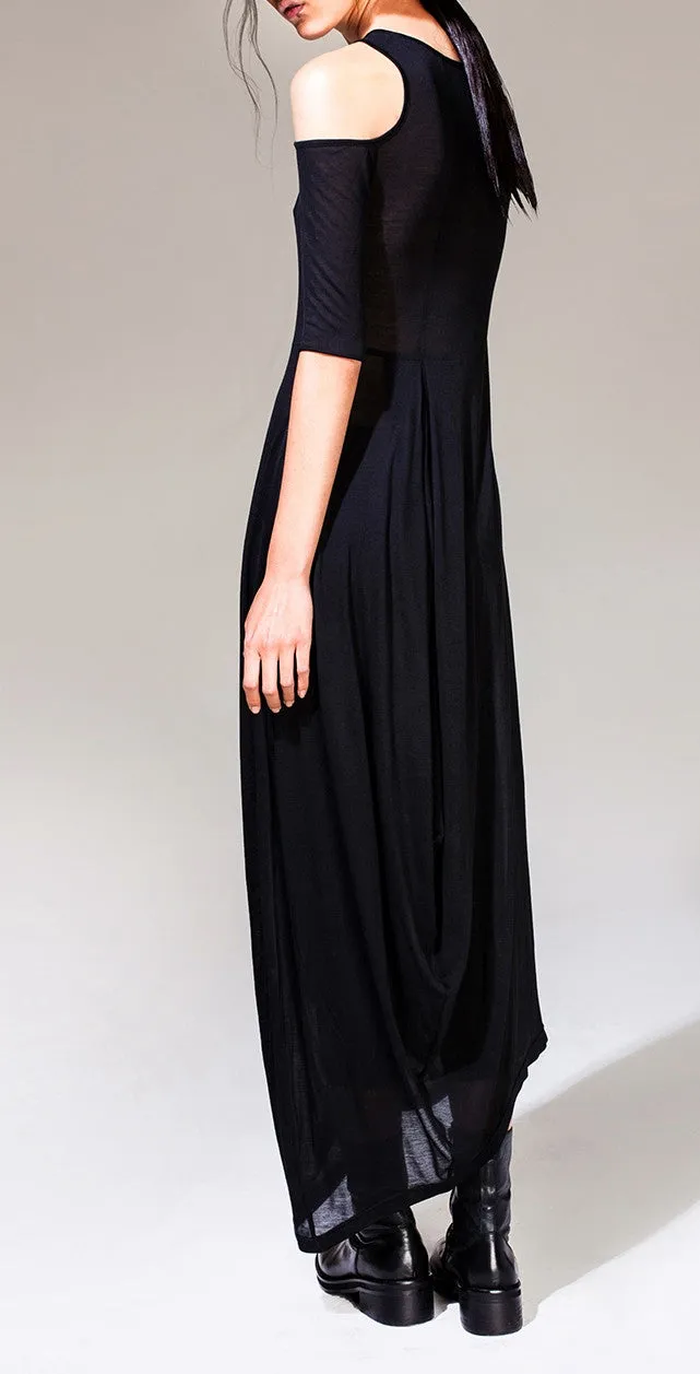 Women Asymmetric Open Shoulder Black Pleats Oversized Draped Skirt Short-Sleeved Maxi Dress Futuristic