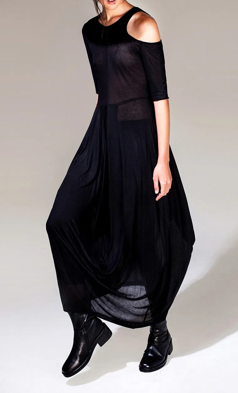 Women Asymmetric Open Shoulder Black Pleats Oversized Draped Skirt Short-Sleeved Maxi Dress Futuristic