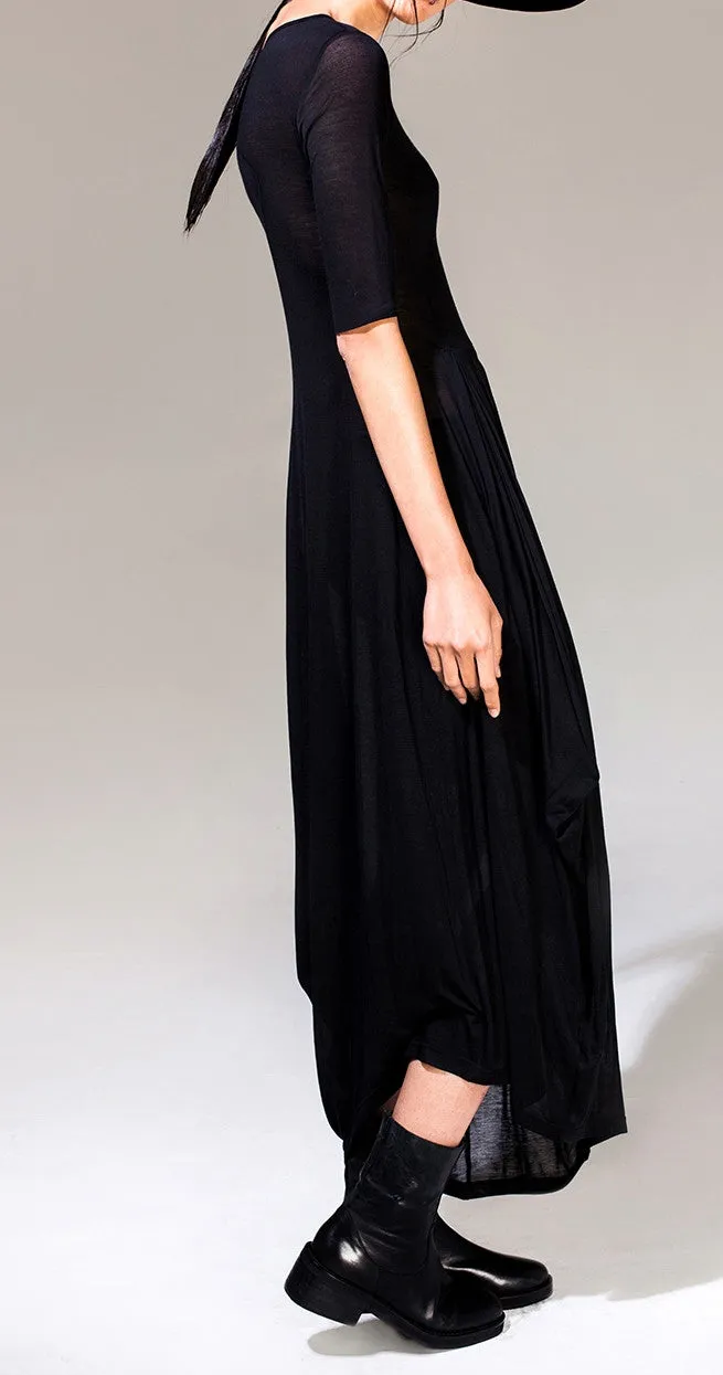 Women Asymmetric Open Shoulder Black Pleats Oversized Draped Skirt Short-Sleeved Maxi Dress Futuristic