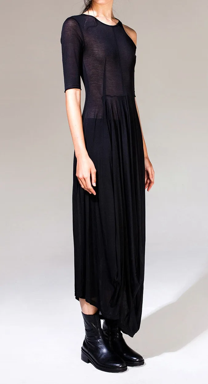 Women Asymmetric Open Shoulder Black Pleats Oversized Draped Skirt Short-Sleeved Maxi Dress Futuristic