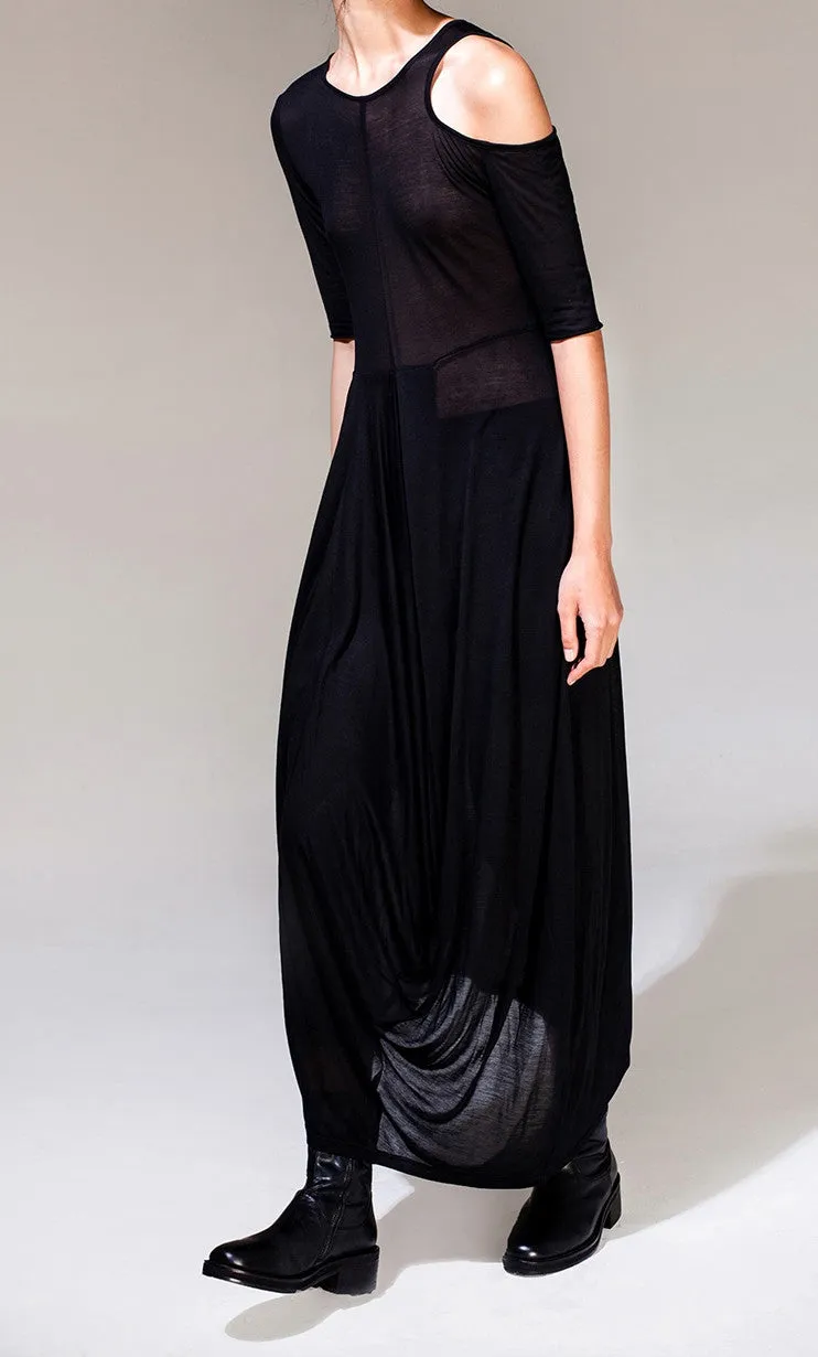 Women Asymmetric Open Shoulder Black Pleats Oversized Draped Skirt Short-Sleeved Maxi Dress Futuristic