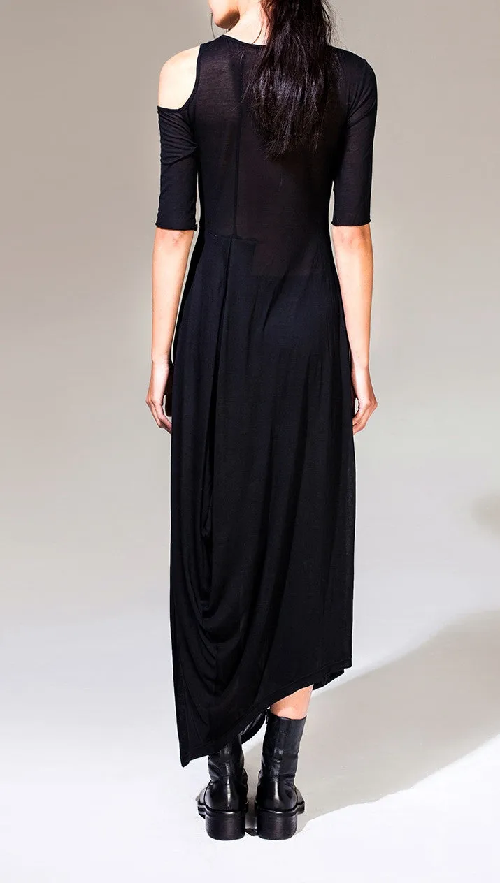 Women Asymmetric Open Shoulder Black Pleats Oversized Draped Skirt Short-Sleeved Maxi Dress Futuristic