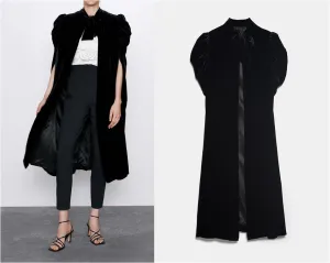 Women Asymmetrical Long Velvet Cape / with High Neck Front Tie Fastening