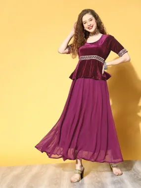 Women Burgundy Embroidered Peplum Anarkali Maxi Dress