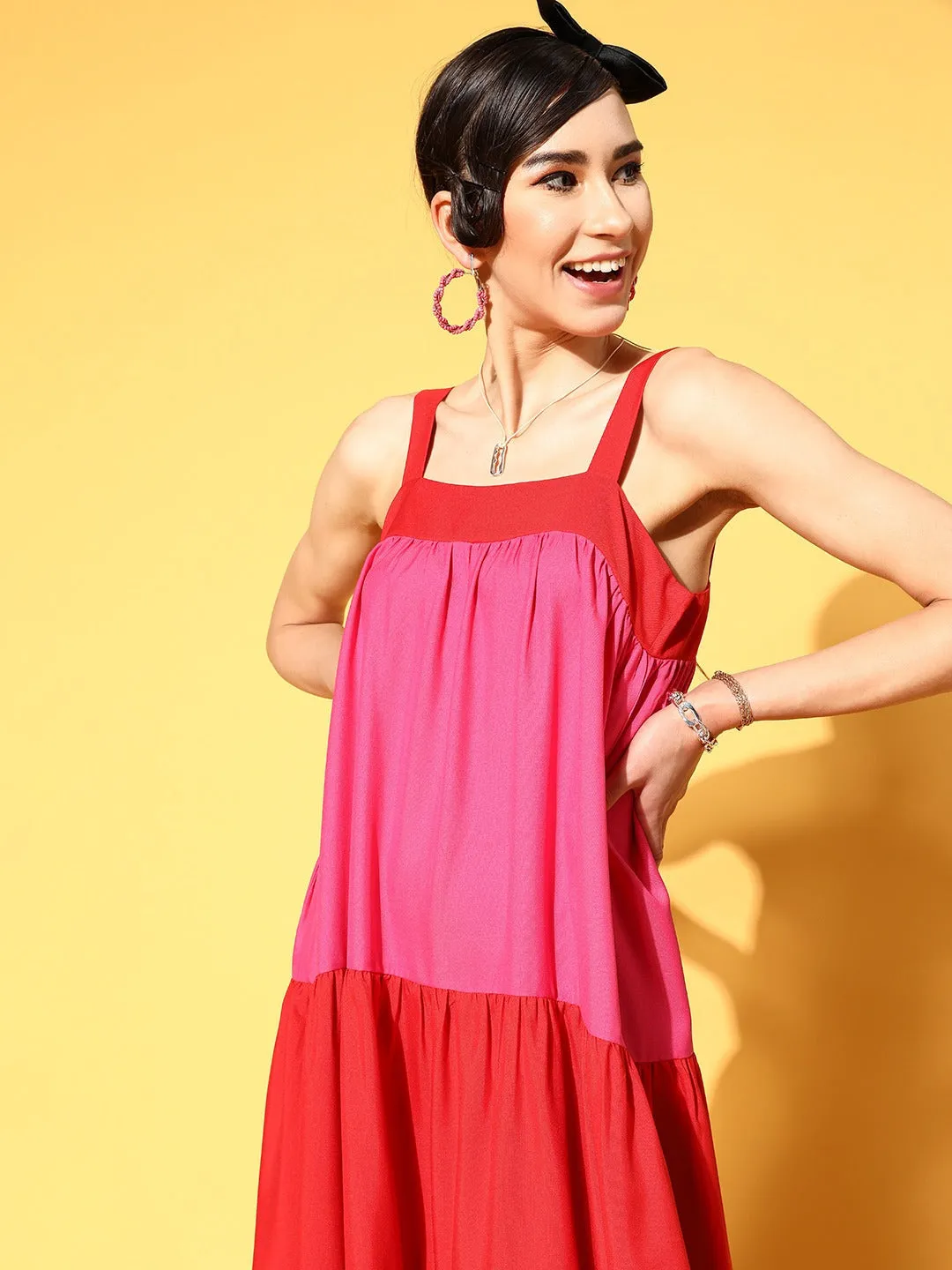 Women Red & Fuchsia Colourblock Tiered Maxi Dress