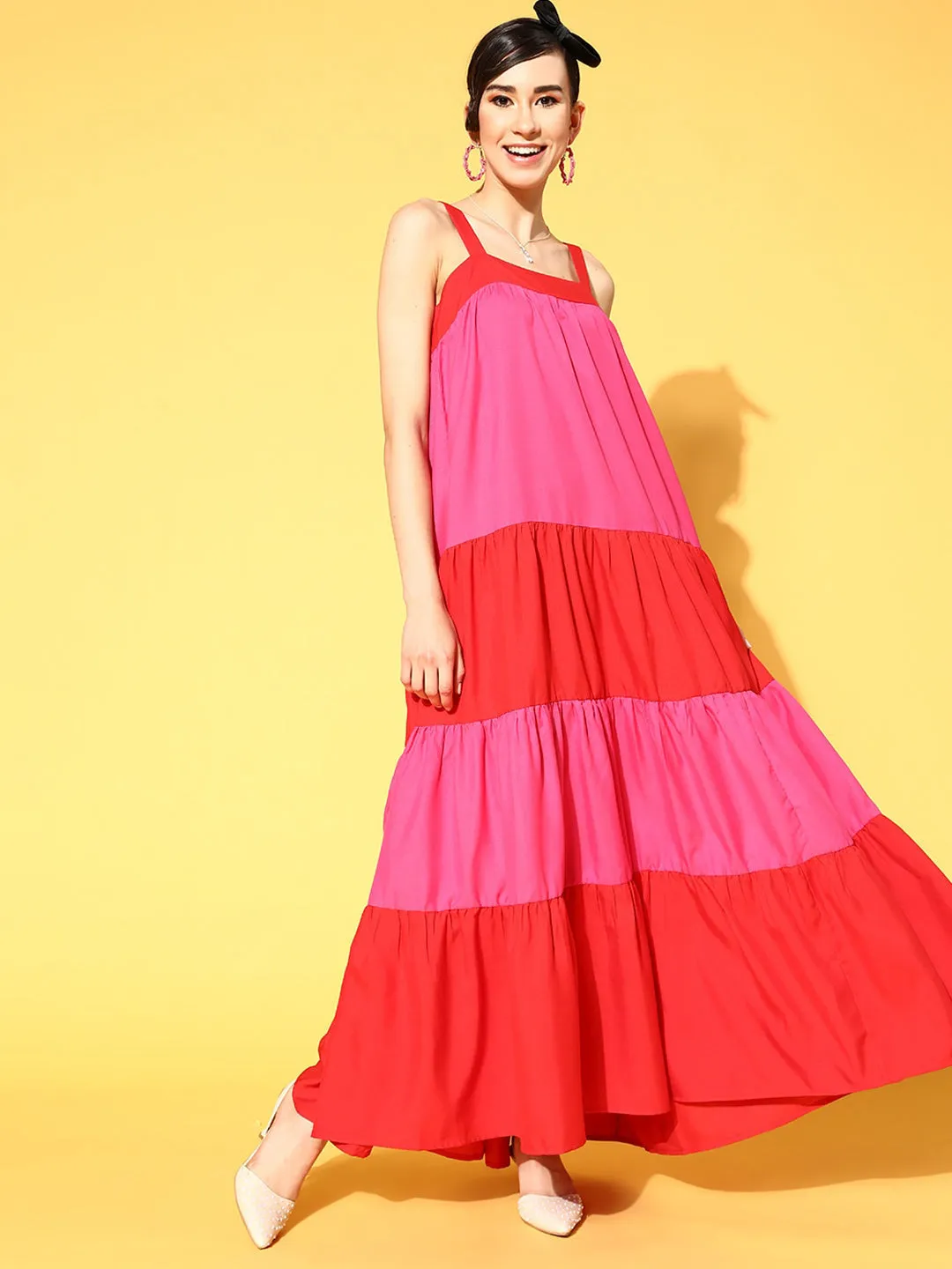 Women Red & Fuchsia Colourblock Tiered Maxi Dress