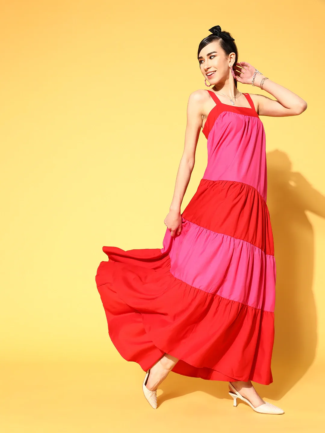 Women Red & Fuchsia Colourblock Tiered Maxi Dress