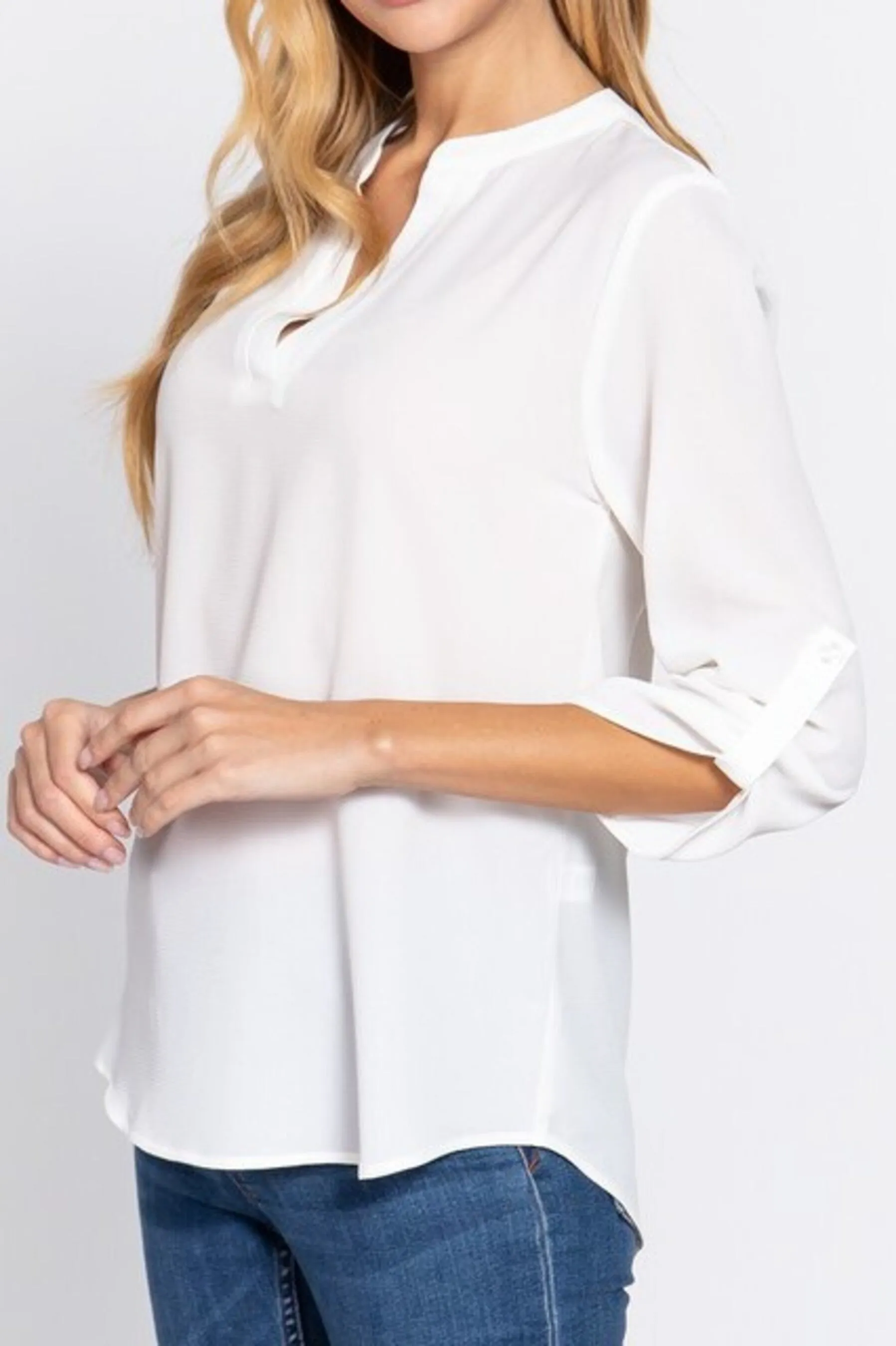 Women's 3/4 Roll up sleeve v-neck woven blouse