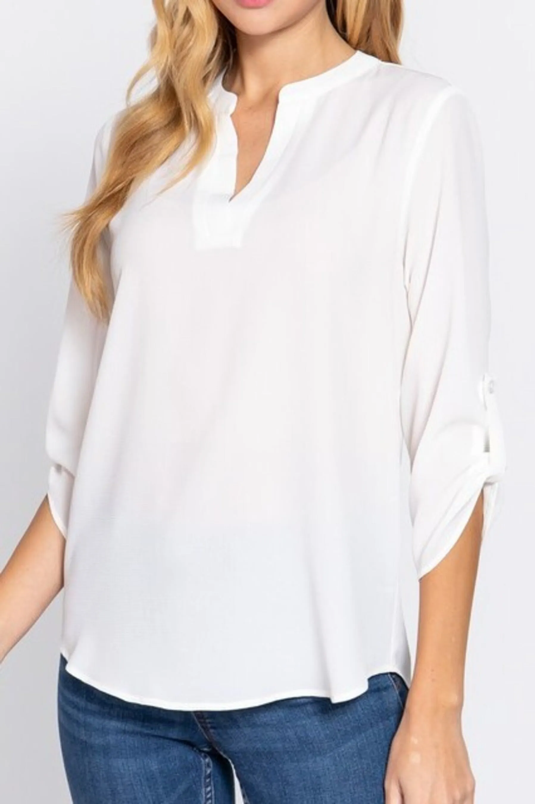 Women's 3/4 Roll up sleeve v-neck woven blouse