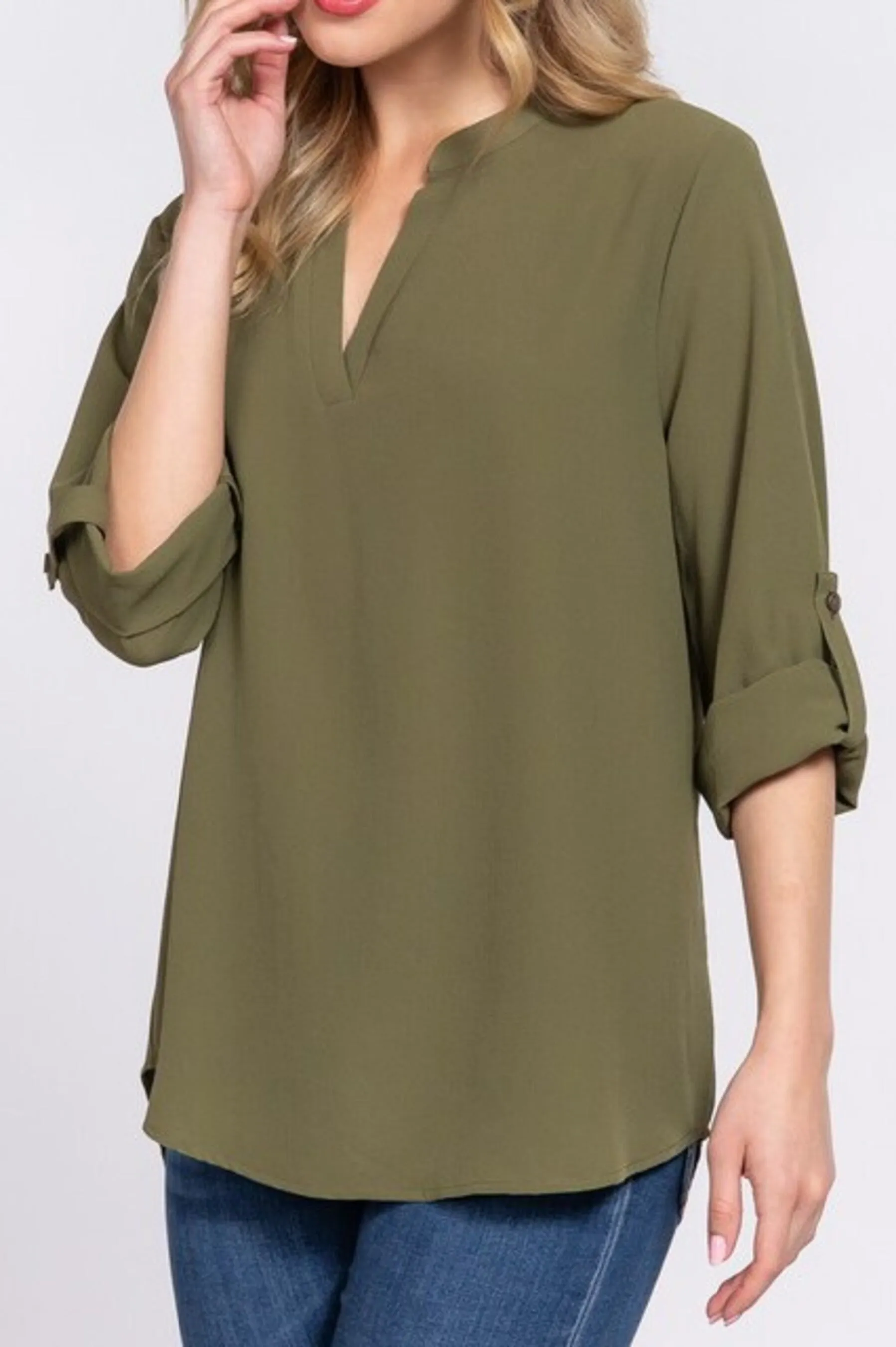 Women's 3/4 Roll up sleeve v-neck woven blouse