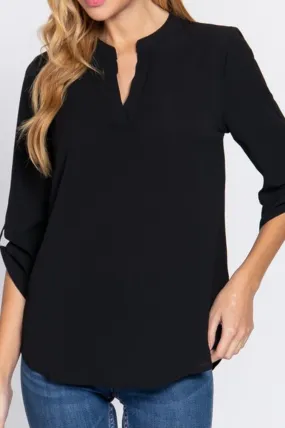 Women's 3/4 Roll up sleeve v-neck woven blouse