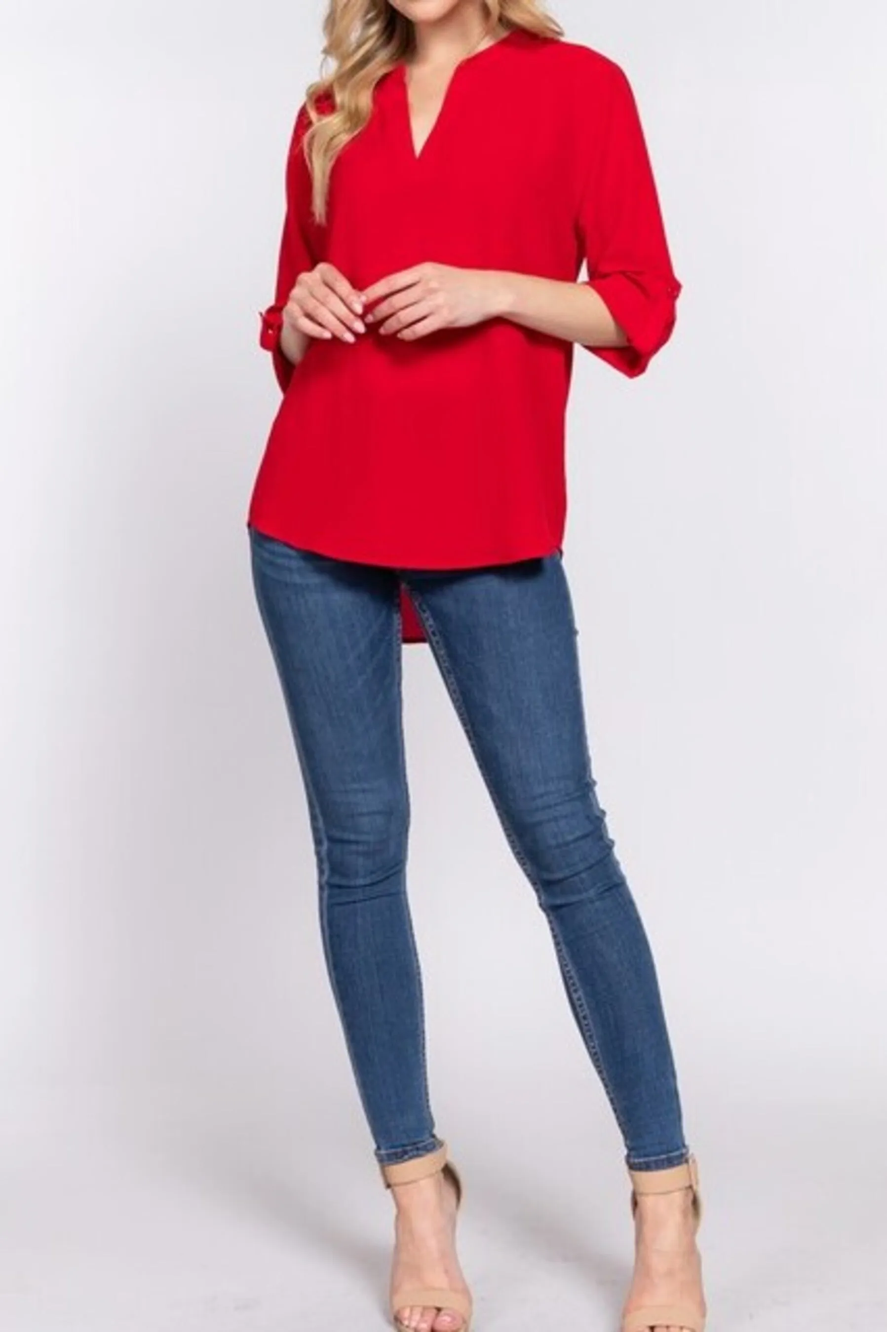 Women's 3/4 Roll up sleeve v-neck woven blouse