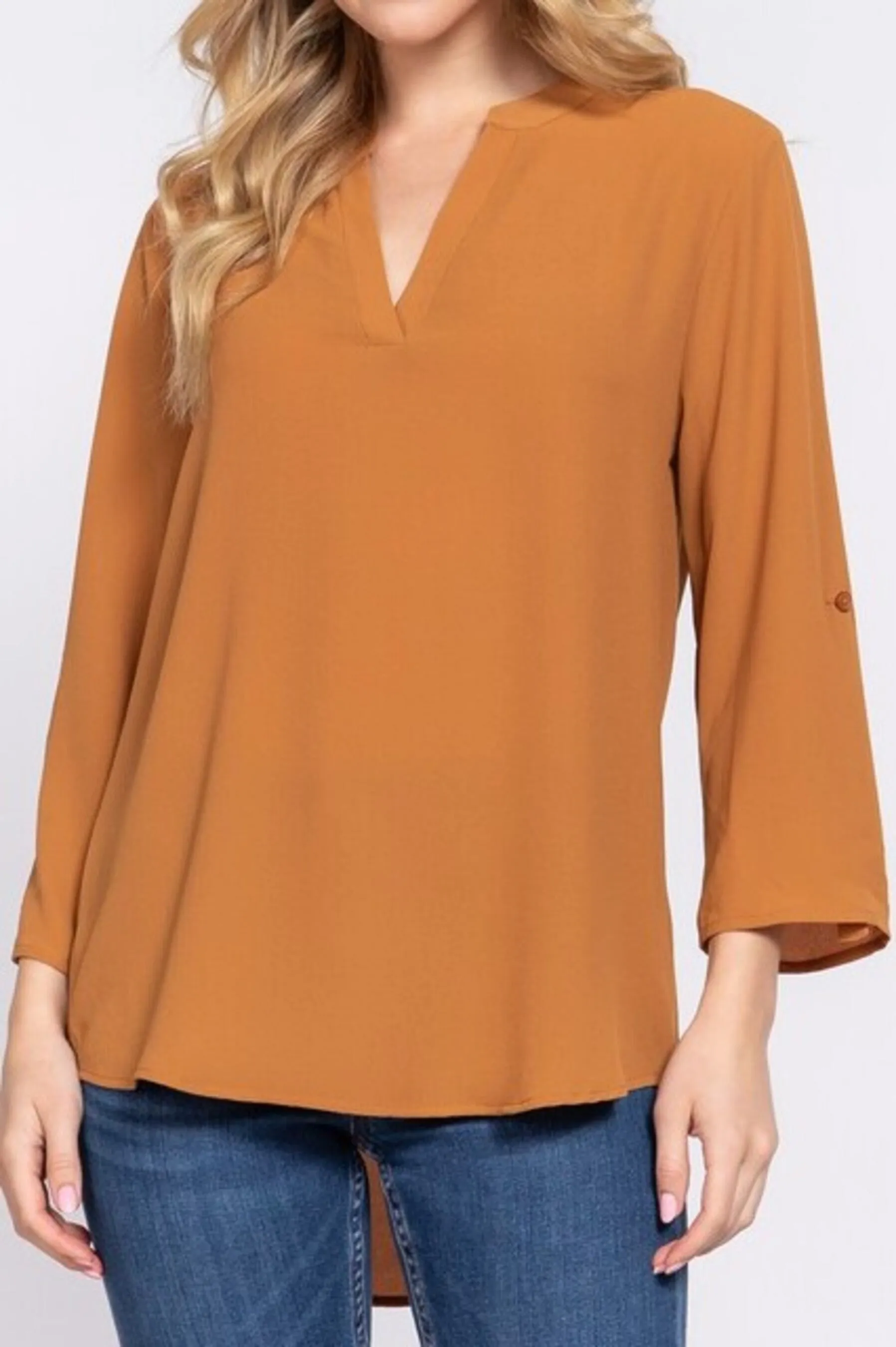 Women's 3/4 Roll up sleeve v-neck woven blouse