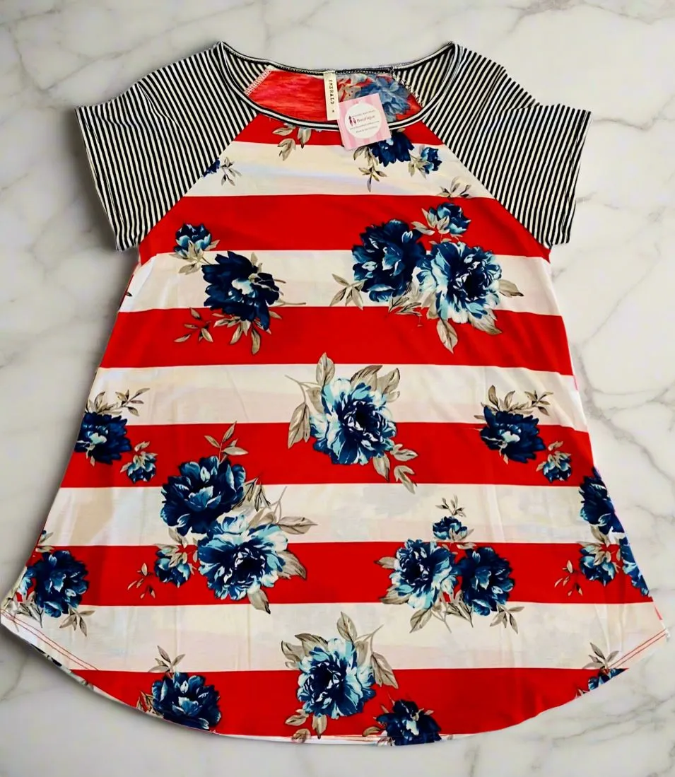 Womens Floral Striped Top, 4th of July Shirt, Plus Sizes 1xl/2xl/3xl, Red/White/Blue