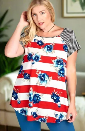 Womens Floral Striped Top, 4th of July Shirt, Plus Sizes 1xl/2xl/3xl, Red/White/Blue