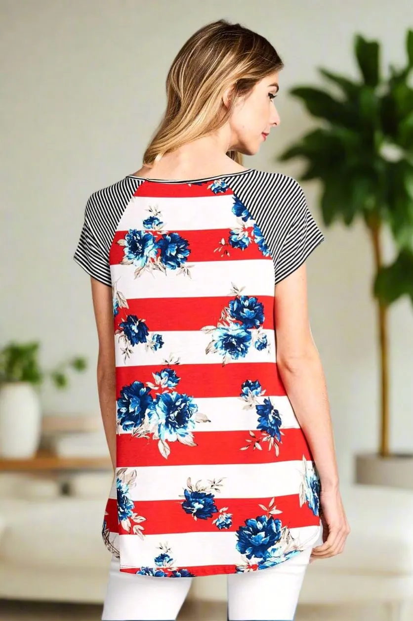 Womens Floral Striped Top, 4th of July Shirt, Plus Sizes 1xl/2xl/3xl, Red/White/Blue