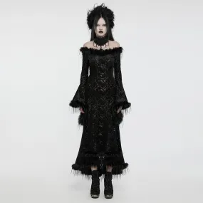 Women's Gothic Flared Sleeved Faux Fur Splice Flocked Mesh Witch Dress