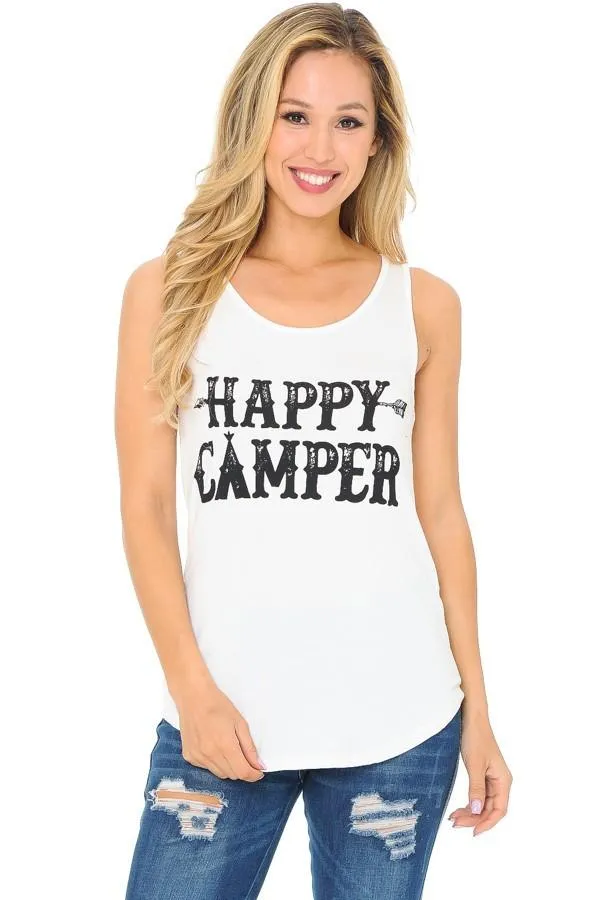 Womens Happy Camper Tank Top, Sleeveless Graphic Shirt, Sizes S/M/L, White/Black