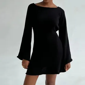 Women's Knitted Backless Long Sleeve Mini Dress - Chic Solid Color Streetwear Party Dress