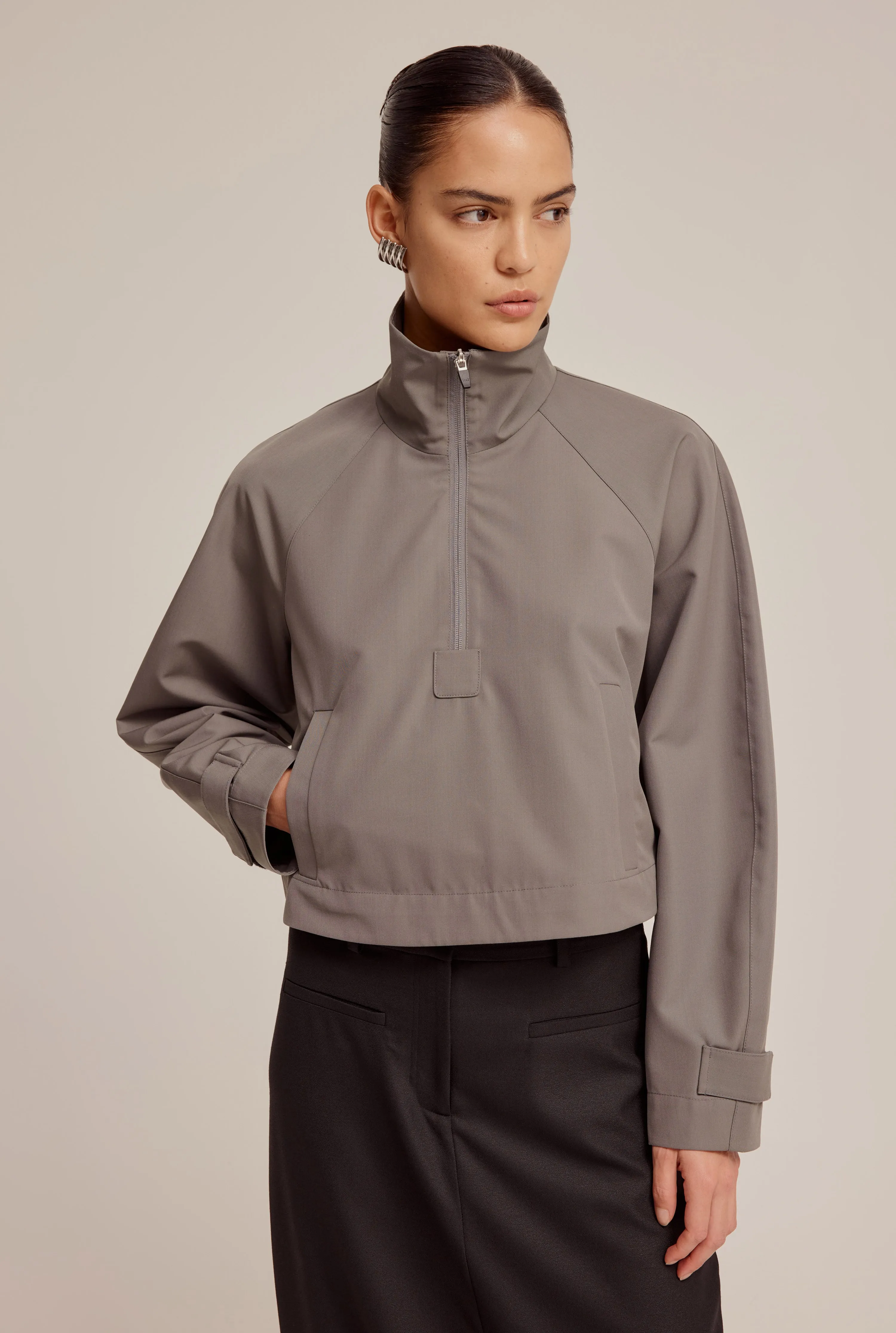 Wool Silk Funnel Neck Pop Over - Gunmetal