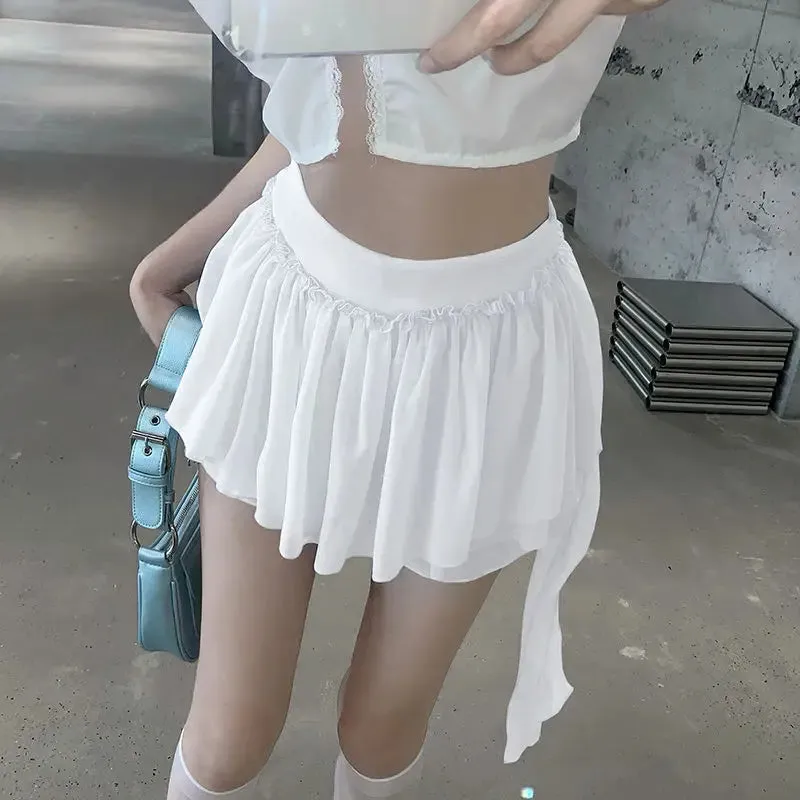 YESMYTOOL  -   Ruffle Mini Skirt Women Chiffon Patchwork Ribbon Blue High Waist Fairycore Tulle Skirt Shorts Cute Sexy Skort Summer